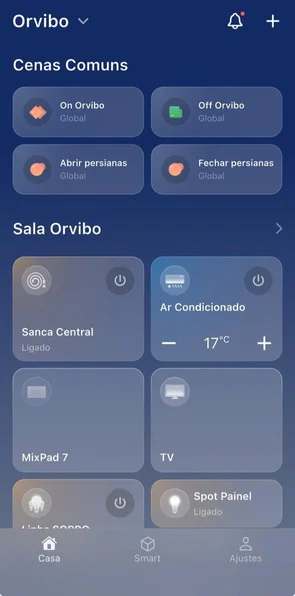 Aplicativo Orvibo Home controlando cenas, ar-condicionado e luzes da sala